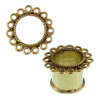 Cargar imagen en el visor de la galería, Two ornate Brass Tunnel Seil Circles of Life antik gold plugs made from nickelfrei organic Messing feature rope-like details and small edge loops; one stands upright, the other lies flat, showing both top and side views.
