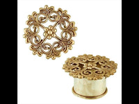 Load image into Gallery viewer, Two ornate, antik gold, nickel-free Brass Tunnel Kreuz gotisch plugs with intricate floral and swirl designs; one lies flat, the other shows its cylindrical Messing tribal expander base.
