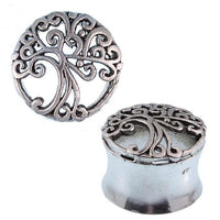 Load image into Gallery viewer, Two Silbertunnel Baum des Lebens 925 Sterling Silber Tunnel Plugs with a tree of life design; one is shown from above and the other from the side, highlighting the intricate cutout pattern of these organic expanders.

