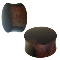 Cargar imagen en el visor de la galería, Two cylindrical, dark brown Holzplug Eisenholz dunkel leicht konvex double flared plugs with slightly convex sides, shown from different angles on a white background.
