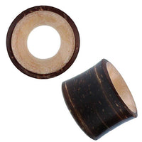 Load image into Gallery viewer, Two cylindrical Holz Flesh Tunnel plugs made of dark Kokosnussholz and light Krokodilholz core, displayed from top-down and side angle on a white background.
