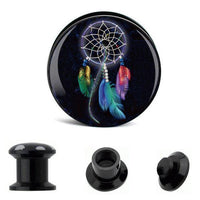 Load image into Gallery viewer, A black Schraub Plug Acryl Traumfänger leuchtend Tunnel Expander Piercing Ohrschmuck features a dreamcatcher design with multicolored feathers and beads; shown below from the front, side, and separated views.
