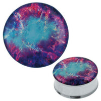 Cargar imagen en el visor de la galería, The Plug Tunnel türkis lila Blitze features a nebula-inspired Acryl front with swirling blue, purple, pink, and yellow patterns, set in a sleek Edelstahl Metalltunnel base—perfect as an Expander Piercing aus Chirurgenstahl.
