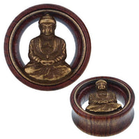 Load image into Gallery viewer, Holz Tunnel Buddha meditierend Brass Inlay antik golden Tribal Plug Expander
