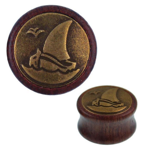 Holz Plug Segelboot Möwe Brass Inlay rund antik golden Tribal Tunnel Expander