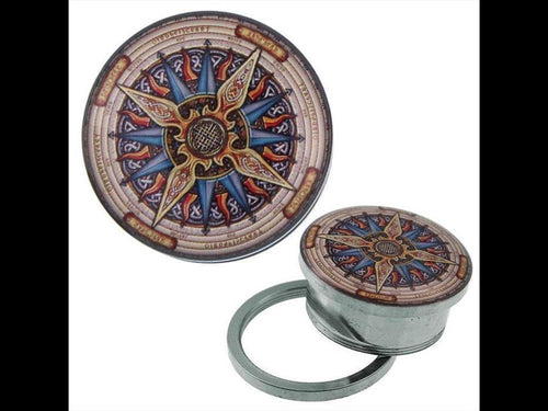 A decorative Tunnel Schraub Plug with Stern Sonne Muster, made of Edelstahl and Acryl, shown both open and closed. This Expander Piercing features a colorful compass rose design on a collapsible Metall pocket cup with lid.