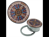 Load image into Gallery viewer, A decorative Tunnel Schraub Plug with Stern Sonne Muster, made of Edelstahl and Acryl, shown both open and closed. This Expander Piercing features a colorful compass rose design on a collapsible Metall pocket cup with lid.
