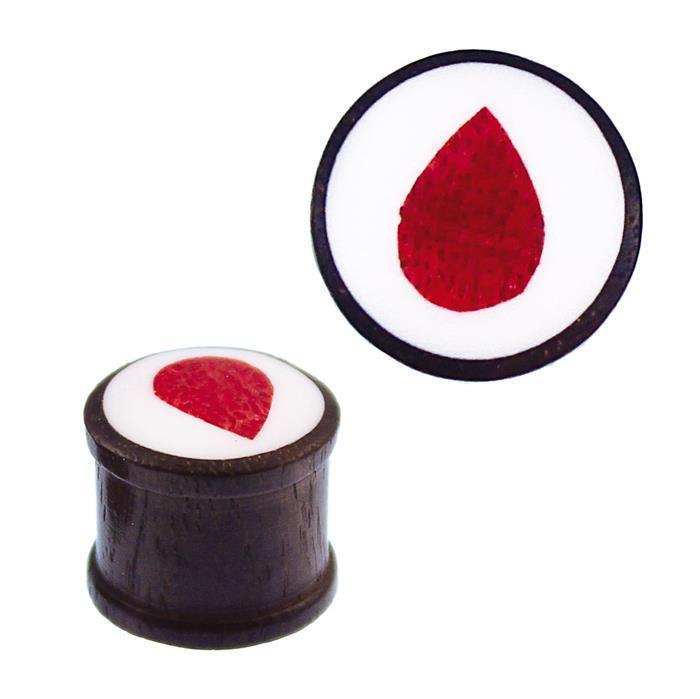 Holz Plug Koralle Tropfen rot Inlay Resin weiß Tunnel Tribal Expander