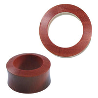 Load image into Gallery viewer, Two Holz Tunnel rot braun fein gemasert konvex Rosenholz napkin rings are shown—one lying flat to display the circular shape, the other upright revealing the hollow center and polished, finely grained rosewood finish.
