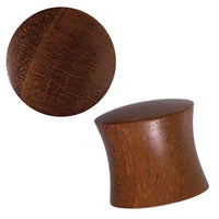 Load image into Gallery viewer, The Rangas Holz Plug braun features a slightly convex shape with natural wood grain lines, shown from the side and top views. Its smooth, polished surface makes this organic tribal expander both stylish and comfortable to wear.
