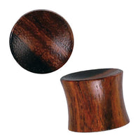 Load image into Gallery viewer, Two views of the Sono Holz Plug natürliche Maserung braun Tribal: one shows its flat, polished circular front; the other displays its flared, hourglass-shaped side and smooth brown wood grain, ideal for a unique tribal flesh piercing style.
