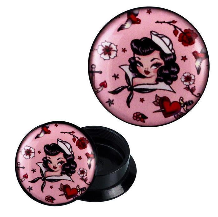 Schraub Plug Acryl Pin Up Frau Sailor rosa Expander Piercing Ohrschmuck