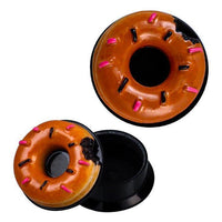 Load image into Gallery viewer, The Schraub 3D Plug Acryl Donut is a small, round, brown tunnel piercing with a 3D donut design and pink sprinkles. The open container reveals a sleek black interior, perfect for storing your Ohrschmuck.
