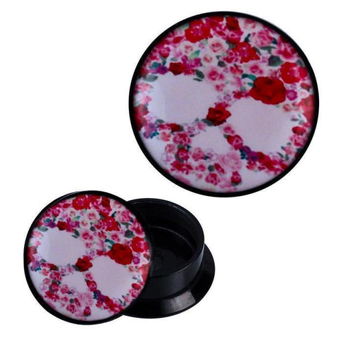 The Schraub Plug Acryl Skull aus roten Rosen Piercing Ohrschmuck is a round black container with a lid displaying a skull made of red roses on white. The lid is shown both attached and removed from the container.