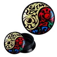 Load image into Gallery viewer, A pair of round, black Schraub Plug Acryl Yin Yang Tribals in vibrant yellow and multicolored abstract patterns—perfect ear jewelry for those who love unique, ornamental designs.
