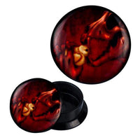 Load image into Gallery viewer, The Schraub Plug Acryl features a black circular design with artwork of a red dragon skeleton gently holding a yellow chick, set against a dark red background—perfect as striking piercing ear jewelry.
