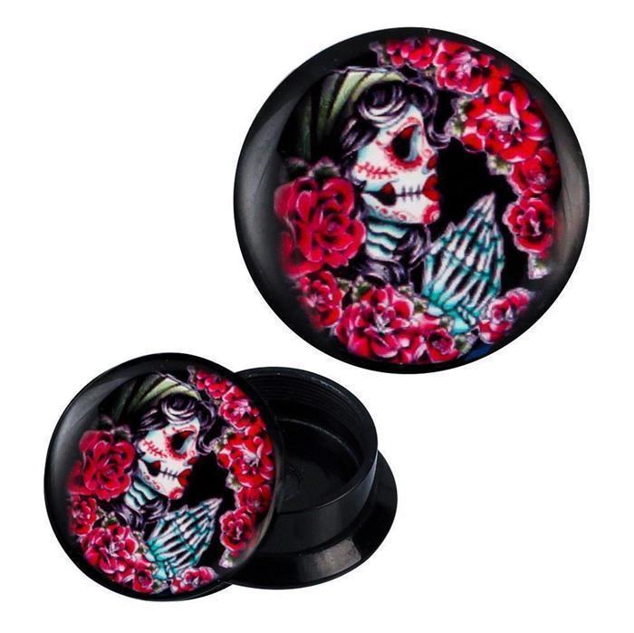 Schraub Plug Acryl Skelettfrau betend Rosen Sugarskull Kopftuch Piercing Ohrschmuck