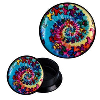Load image into Gallery viewer, The Schraub Plug Acryl bunte Teddy Bärchen Spirale Piercing Ohrschmuck is a round, colorful acrylic plug with a removable lid, featuring a vibrant, psychedelic spiral of teddy bear silhouettes on a tie-dye background.
