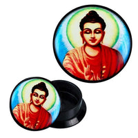 Load image into Gallery viewer, A round black Schraub Plug Acryl Buddha Heiligenschein Piercing Ohrschmuck with a lid showing a colorful Buddha in a red robe, green halo, and blue background. The lid is pictured both attached and removed.
