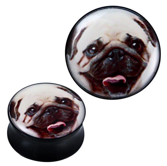 Plug Acryl Mops Gesicht Foto schwarz Piercing Ohrschmuck