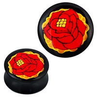Load image into Gallery viewer, A Plug Acryl Blume Rose in black, with a vibrant red rose outlined in yellow on the front, shown from side and top views. Perfect as piercing Ohrschmuck.
