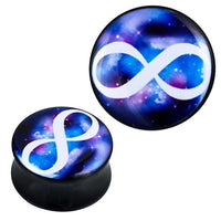 Load image into Gallery viewer, These two round acrylic ear plugs in white, blue, and lilac feature a black infinity symbol design, perfect as stylish piercing jewelry for your ears.
