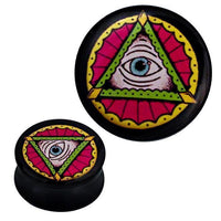 Load image into Gallery viewer, The Plug Acryl Dreieck Auge gelb pink grün Piercing Ohrschmuck features a blue eye inside a green triangle, accented with yellow and pink patterns, evoking the Eye of Providence in a colorful design.
