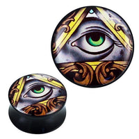 Load image into Gallery viewer, Plug Acryl Dreieck Auge grün Rahmen Schnörkel Wimpern Piercing Ohrschmuck
