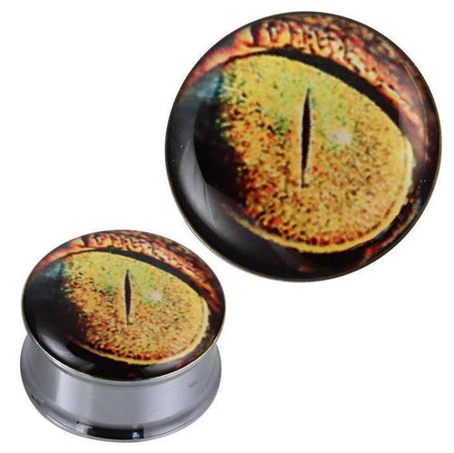 A pair of silver stainless steel Tunnel plugs, featuring a yellow-brown acrylic lizard eye design with a vertical black slit on the front. Product: Tunnel silbern Edelstahl Plug Acryl Echsen Auge gelb braun Piercing.