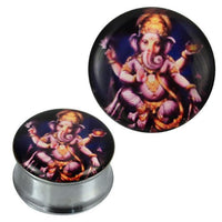 Load image into Gallery viewer, Tunnel silbern Edelstahl Plug Acryl Ganapati lila dunkelblau gelb Piercing
