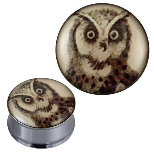 Tunnel silbern Edelstahl Plug Acryl Käuzchen beige braun schwarz