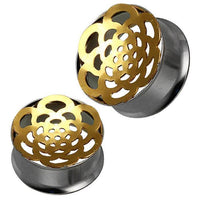 Cargar imagen en el visor de la galería, Tunnel silbern Edelstahl Plug golden Bögen Blume Piercing
