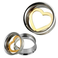 Load image into Gallery viewer, Schraub Tunnel silbern golden Edelstahl Inlay Herz hohl Piercing
