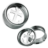Load image into Gallery viewer, The Schraub Tunnel silbern Edelstahl Inlay Anker Piercing features two silver ear gauges with a cut-out anchor in the center—one upright, one on its side—showing the hollow back and striking anchor design.
