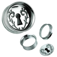 Load image into Gallery viewer, Schraub Plug Tunnel silbern grau schwarz Edelstahl verziertes Schlüsselloch Piercing
