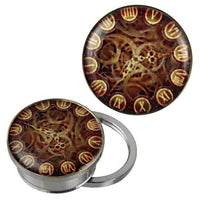 Load image into Gallery viewer, Schraub Plug Tunnel silbern Edelstahl Uhrwerk Uhr beige Acryl Piercing

