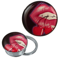 Load image into Gallery viewer, The silvery Edelstahl Schraub Plug Tunnel features a lid with vivid pink, purple, and black cherry-mouth art, making this acrylic piercing plug eye-catching and unique.
