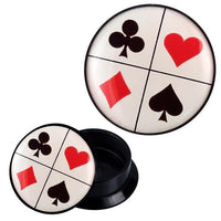 Load image into Gallery viewer, A round acrylic earring, the Schraub Plug Acryl schwarz rot Karo Herz Pik Kreuz, showcases club, heart, diamond, and spade symbols on a sleek black and red background—ideal for card game enthusiasts.
