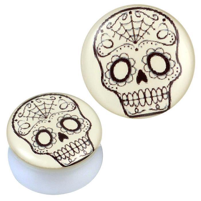 Plug weiß Acryl Spinnennetz Candy Skull schwarz Piercing Ohrschmuck