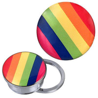 Load image into Gallery viewer, A silvery stainless steel Schraub Plug Tunnel piercing features a vibrant rainbow striped acrylic design. One plug is upright, while another is shown extended, highlighting the colorful Regenbogen Streifen Motiv.
