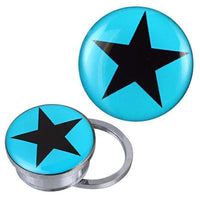 Load image into Gallery viewer, A round, silver Schraub Plug Tunnel keychain made of stainless steel with a turquoise face and a large black star in the center. Shown from the front and at an angle.

