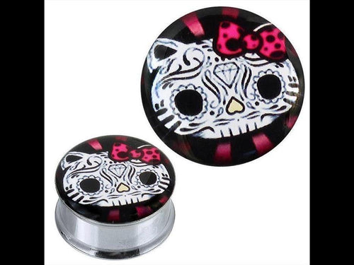 Tunnel silbern Edelstahl Plug Acryl Sugar Skull Katze Schleife pink Piercing