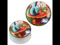 Load image into Gallery viewer, This round “Plug weiß Acryl Shisha Raucher Pilz Mädchen Piercing Ohrschmuck” features a colorful blue caterpillar and Alice on a red mushroom, surrounded by greenery—a whimsical choice for any Raucher Plug or Shisha fan.
