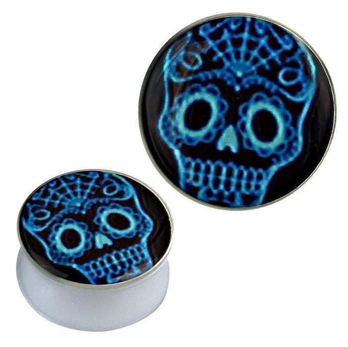 Acryl Plug weiß Sweet Skull blau schwarz Piercing Ohrschmuck