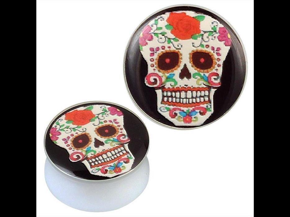 Acryl Plug weiß schwarz Candy Skull bunt Rose Blumen Piercing Ohrschmuck