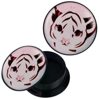 Load image into Gallery viewer, A round Schraub Plug Acryl schwarz rosa weiß Babytiger Piercing Ohrschmuck with a lid featuring a stylized tiger face in black and pink. The lid is slightly open, showing the container’s empty interior.
