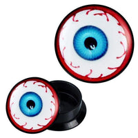 Load image into Gallery viewer, Two round Schraub Plug Acryl Augapfel blau rot Adern Expander Piercings display a realistic blue eye with red veins on white; both black screw plugs are shown, one open to reveal the back.
