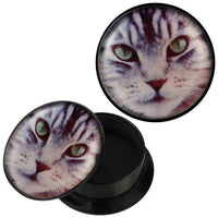 Load image into Gallery viewer, Schraub Plug Acryl grau getigerte Katze Gesicht Piercing Ohrschmuck
