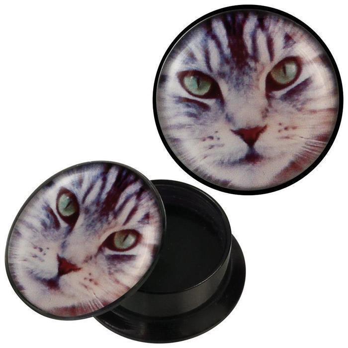 Schraub Plug Acryl grau getigerte Katze Gesicht Piercing Ohrschmuck