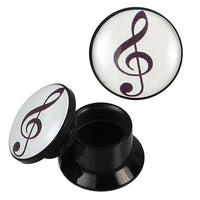 Load image into Gallery viewer, A pair of black and white Schraub Plug Acryl Notenschlüssel Piercing Ohrschmuck ear plugs with removable tops, each showing a black treble clef on a white background. One plug is disassembled to reveal the threaded compartment.
